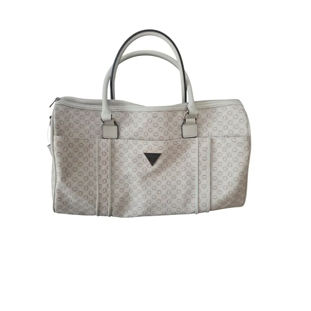 GUESS Women's Monogram Travel Duffel Bag Ivory Weekender Shoulder Bag